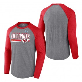Men's Kansas City Chiefs Heather Gray Red Super Bowl LVII Champions Perfect Addition Tri-Blend Raglan Long Sleeve T-Shirt