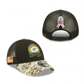 Men's Green Bay Packers Black Camo 2022 Salute To Service 9FORTY Snapback Trucker Hat