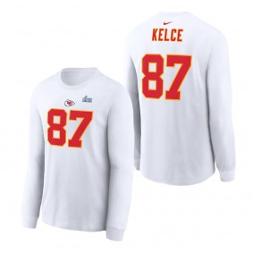 Men's Kansas City Chiefs Travis Kelce Nike White Super Bowl LVII Name & Number Long Sleeve T-Shirt