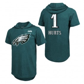 Men's Philadelphia Eagles Jalen Hurts Majestic Threads Midnight Green Super Bowl LVII Name & Number Tri-Blend Short Sleeve Hoodie T-Shirt