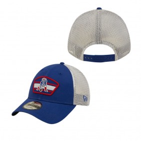 Men's New England Patriots Royal White Logo Patch Trucker 9FORTY Snapback Hat