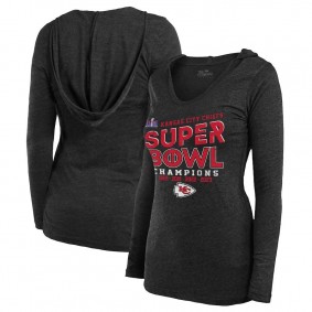 Women's Kansas City Chiefs Black Super Bowl LVIII Champions Loudmouth Tri-Blend V-Neck Long Sleeve Hoodie T-Shirt