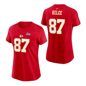 Women's Kansas City Chiefs Travis Kelce Nike Red Super Bowl LVII Name & Number T-Shirt