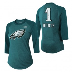 Women's Philadelphia Eagles Jalen Hurts Majestic Threads Midnight Green Super Bowl LVII Name & Number Raglan 3 4 Sleeve T-Shirt