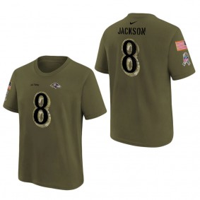 Youth Baltimore Ravens Lamar Jackson Olive 2022 Salute To Service Name & Number T-Shirt